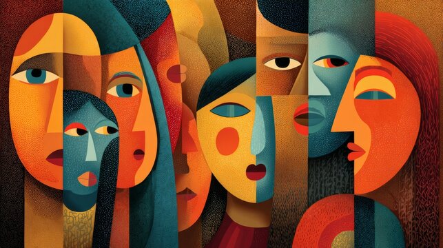 Colorful abstract human figures representing diversity, inclusion, multicultural unity and teamwork, vibrant community concept with people of different backgrounds connected through collaboration, equ