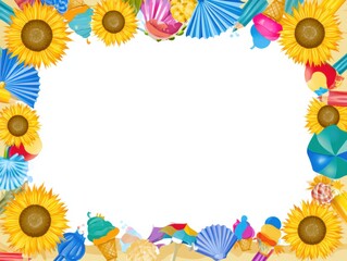 Obraz premium Colorful border design for summertime with sunflowers, ice cream, and beach items creating a fun frame for year-end school activities.