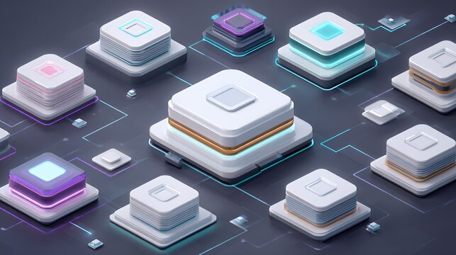 Isometric 3d abstract glowing microchips and circuit board nodes with neon blue and pink lights for advanced technology background.
