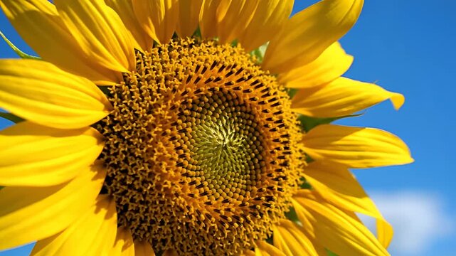 Closeup of a vibrant sunflower against a clear blue sky.