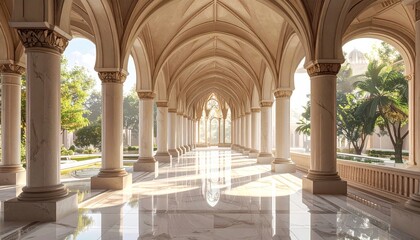 Fototapeta premium Classical arched colonnade with elegant marble floors and columns.