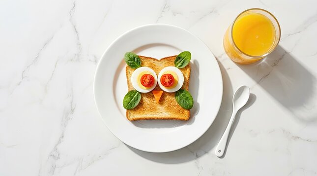 Simple owl face toast with boiled eggs and spinach for healthy breakfast.