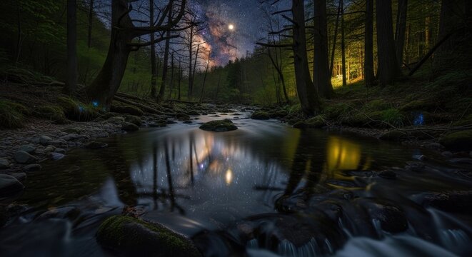 Night forest stream reflecting stars and moon