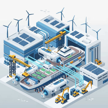 Sustainable industrial complex with renewable energy sources and modern infrastructure.