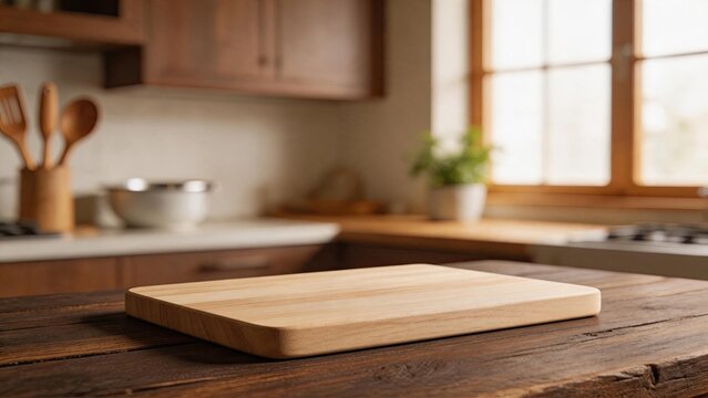 Empty wooden cutting board on rustic kitchen countertop with blurred background of cabinets and window, representing cooking preparation, culinary arts, home cooking, food safety