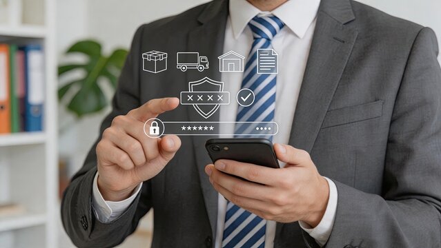 Businessman using smartphone with digital security icons overlay, data protection concept, cybersecurity, privacy shield, password login, safe transaction, encrypted information,