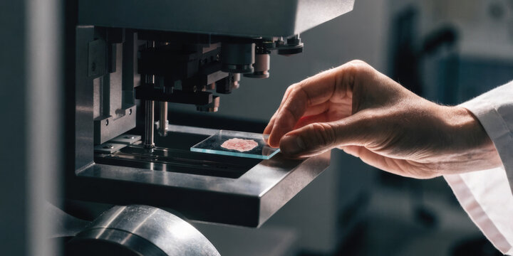 Medical technology researcher placing tissue sample on microscope slide for analysis in laboratory environment
