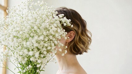 Naklejka premium Young woman with short wavy hair holding large bouquet of white baby's breath flowers covering face, minimalist style, soft lighting, natural beauty, floral arrangement, spring