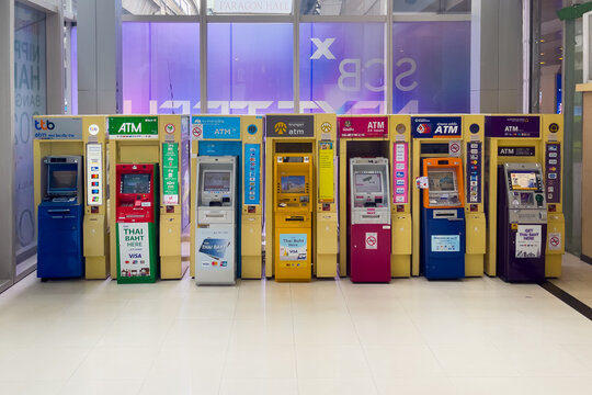 BANGKOK, THAILAND - September 3, 2023: ATMs for withdrawing cash and conducting financial transactions at Paragon Mall, a shopping center in Bangkok, Thailand.