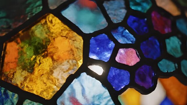 Closeup of vibrant stained glass mosaic with intricate patterns.