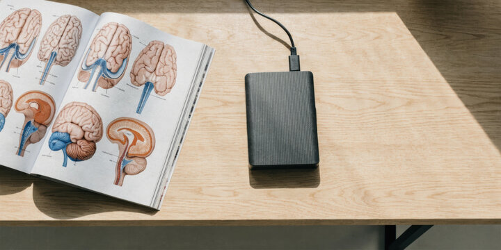 Medical technology study book and external hard drive on wooden desk with bright natural light