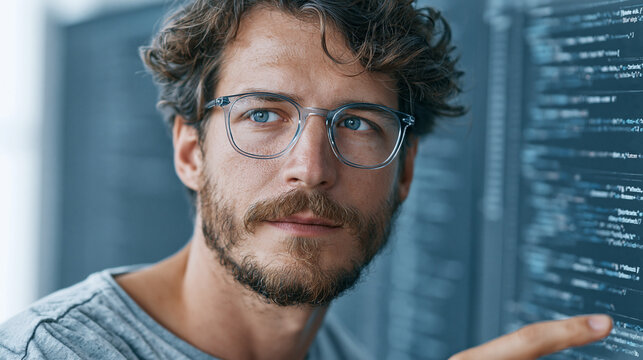 Close-up of a man with glasses and a beard looking at a computer screen filled with code, his finger pointing at the display