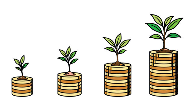 Growing plant on stack of coins on transparent background