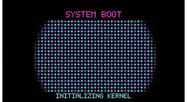 Retro computer system boot sequence with pixelated animation