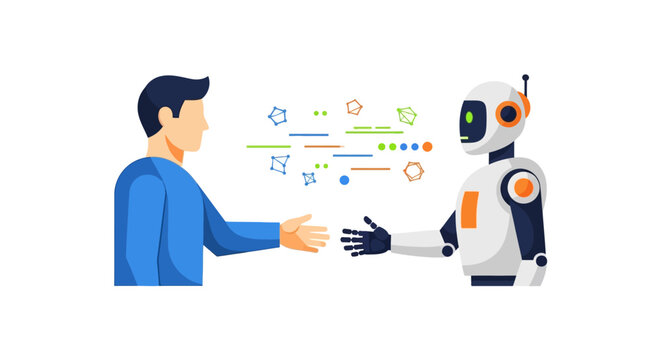 A man shakes hands with a robot amidst floating icons and symbols