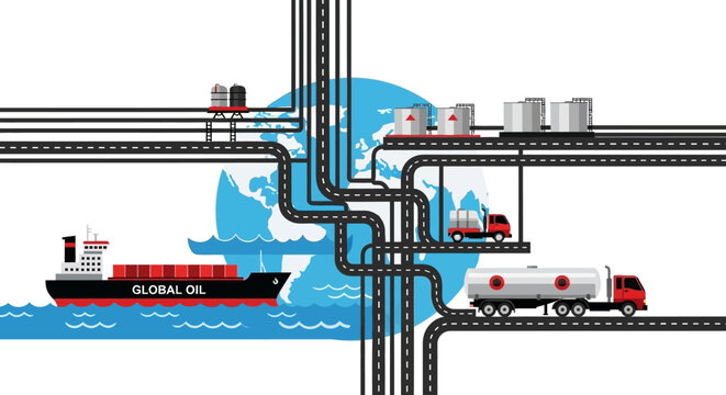 Global oil transportation network with ship truck and pipeline volk 28 eps