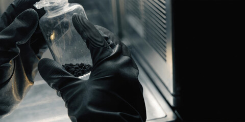 Fototapeta premium Gloved hands holding vial of dark sample medical technology lab research careful handling