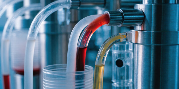 Medical technology laboratory tubing transfers red fluid into container conveying sterile processing and scientific precision