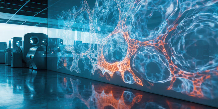 Medical technology abstract visualization on clinic wall with glowing cellular network and futuristic imaging display