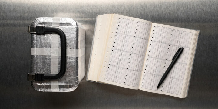 Sealed metal evidence case and open logbook with pen showing medical technology records and chain of custody form