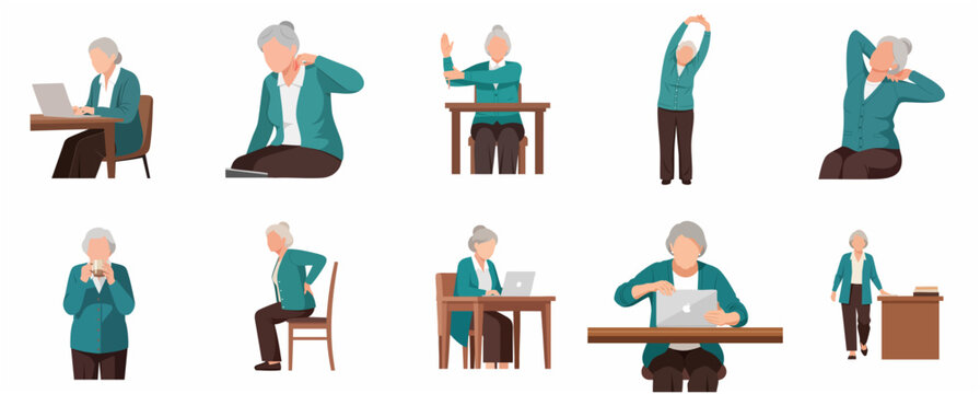 Senior woman character set working with laptop, experiencing back and neck pain, and performing stretching exercises.