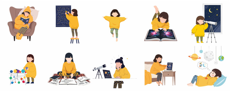 Set of flat vector illustrations of a little girl exploring astronomy, reading about space, looking through a telescope, and dreaming of the cosmos.