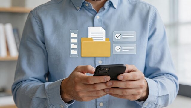 Business professional managing digital files and documents on smartphone with holographic folder interface, cloud storage concept
