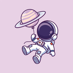 Fototapeta premium Cute Cartoon Astronaut Holding Saturn Balloon Vector Illustration