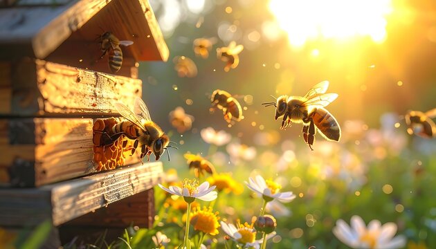 Bees fly in sunlight from their wooden hive amongst wildflowers, pollen motes drift in the golden light of summer