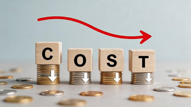 Cost reduction concept with wooden blocks spelling cost on stacks of coins, downward trend arrow indicating budget cuts, financial savings strategy, expense management, economic