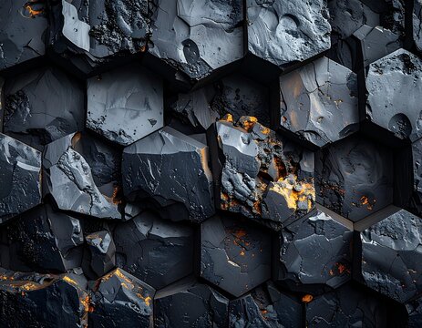 Black volcanic basalt rock texture with hexagonal column pattern
