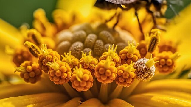 Macro shot of a bee collecting pollen from a vibrant yellow flower center.