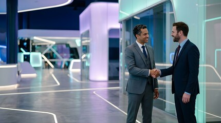 Fototapeta premium Two businessmen shaking hands in a futuristic modern corporate office
