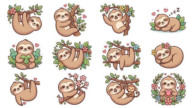 Collection of Adorable Cartoon Sloths in Various Playful Poses and Sweet Woodland Scenes, perfect for charming designs and illustrations