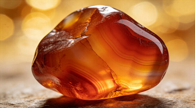 Macro shot of polished carnelian agate gemstone showing orange red banding and warm bokeh background