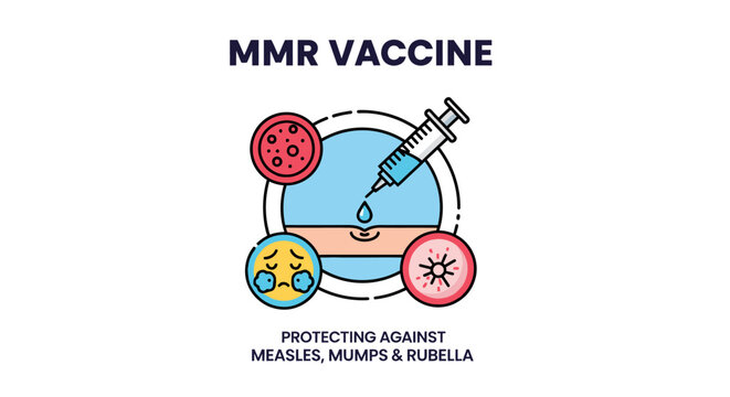 MMR vaccine concept illustration with syringe and icons representing protection against measles, mumps, and rubella for medical and healthcare immunization campaigns.