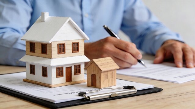 Real estate agent signing property sale contract with client, house model on desk, mortgage loan approval concept, home buying process documentation, investment agreement signature