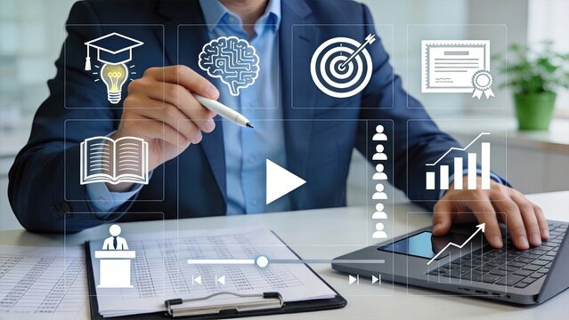 Online learning education training concept with icons like graduation cap brain target certificate book chart on digital interface for e-learning course webinar tutorial video