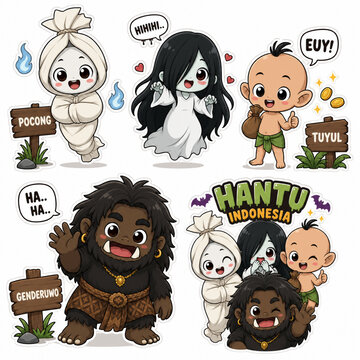 Collection of cute and spooky Indonesian ghost characters with humorous expressions and cartoon style