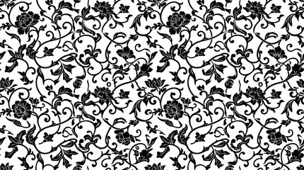 Seamless black floral vine ornamental pattern background texture. © Kyle
