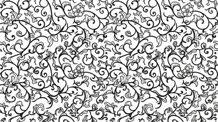 Black and white ornamental floral seamless decorative pattern with swirling vines. © Kyle