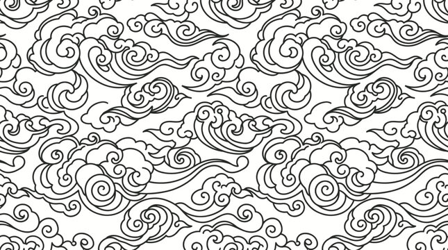 Hand-drawn seamless black and white cloud swirl pattern.