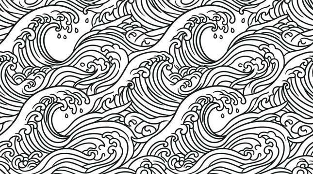 Seamless hand-drawn Japanese wave pattern with flowing line art.