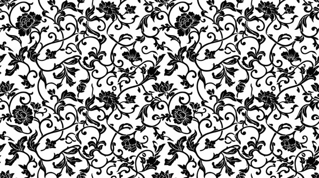 Seamless black floral vine ornamental pattern background texture.