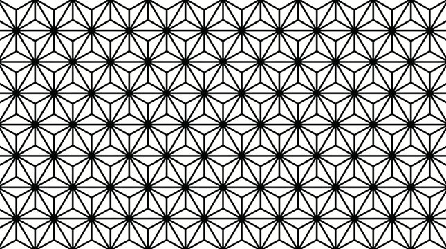 Black and white seamless geometric Japanese asanoha hemp leaf pattern.