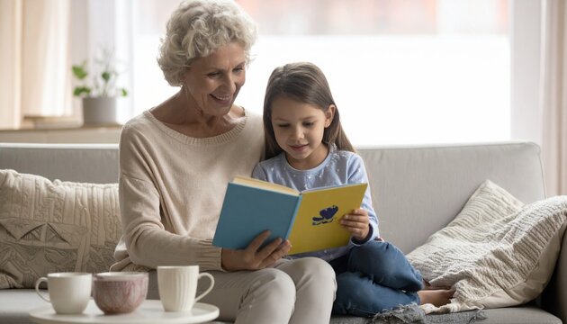 A warm moment between grandmother and granddaughter who were sitting together on the sofa reading a blue and yellow story book. The white-haired grandmother smiled gently at himk