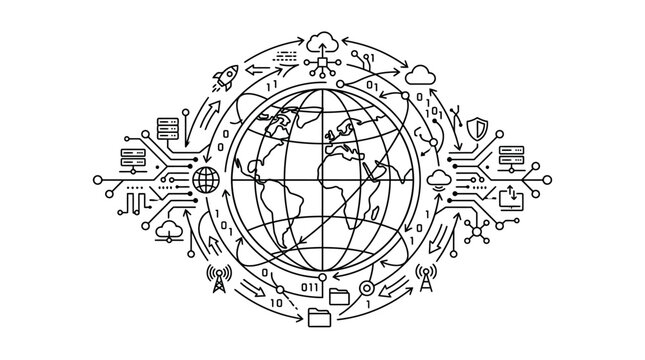 Global Network Technology Connection: World Globe with Digital Circuits and Data Flow