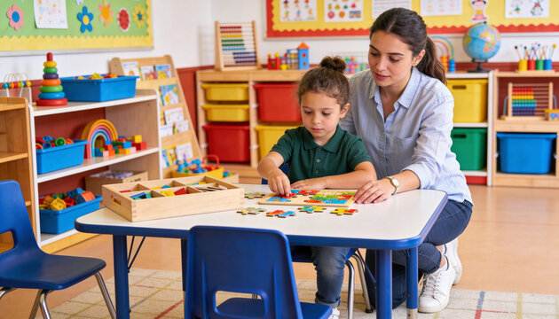 Caring Preschool Teacher Helping Young Student Solve Educational Puzzle in Classroom