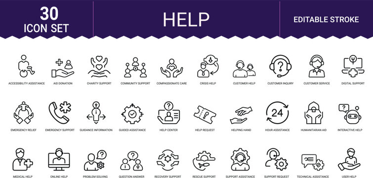Help support service line art icons set, customer service, emergency relief, humanitarian aid, technical assistance, help center, charity support, crisis help, problem solving, medical help, Web icon