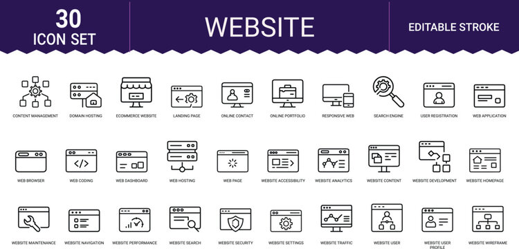 Website development line art icons set, web hosting, ecommerce website, website security, landing page, search engine, website analytics, web coding, domain hosting, responsive web, Web icon, App icon